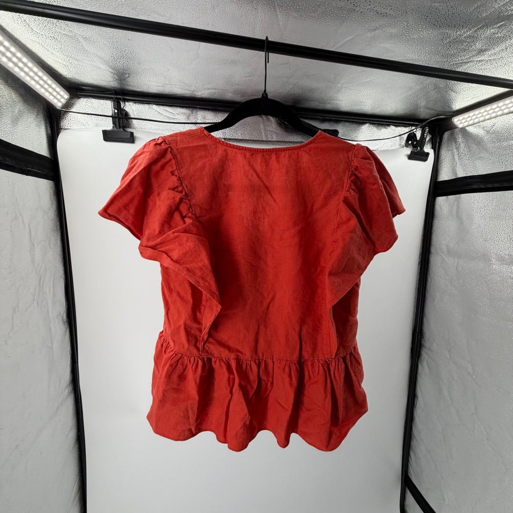 Madewell Ruffle Peplum Wrap Top Red Linen Blend V-Neck XS Short Sleeve - Picture 4 of 6